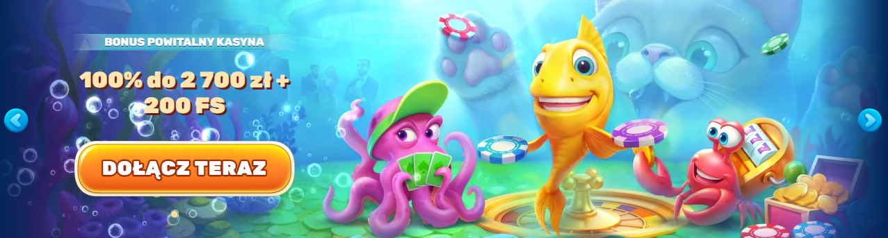 nderwater-themed casino promotion showing a smiling yellow fish spinning a wheel, a purple octopus holding cards, and a red crab slot-machine character surrounded by chips.