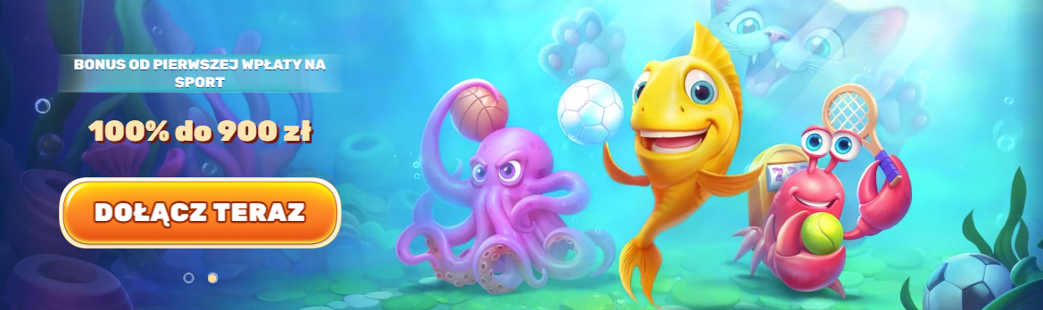nderwater-themed casino promotion showing a smiling yellow fish spinning a wheel, a purple octopus holding cards, and a red crab slot-machine character surrounded by chips.
